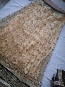 Elegant Black Velvet Blouse &amp; Beige Net Lehenga