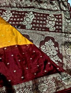 mustard yellow meroon Pure Silk Saree