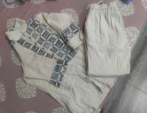 Cream Cotton Kurta Set with Blue Print