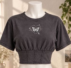 Grey Wash Corset Graphic Crop Top