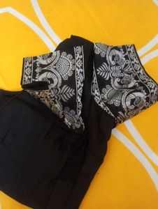 Elegant Black Saree with Silver &amp; Pink Motifs