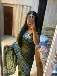 Beautiful Printed Olive Green Saree