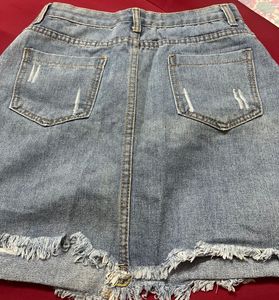 Distressed Denim Skirt with Side Stripes