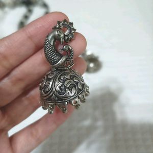 Oxidised Silver Peacock Jhumka Earrings