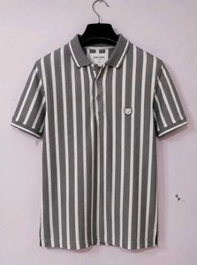 Grey & White Striped Polo T-Shirt | Half Sleeve