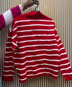 Crop Red &amp; White Striped V-Neck Sweater