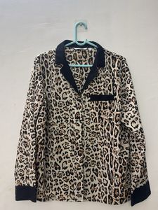 Leopard Print Satin Pajama Shirt
