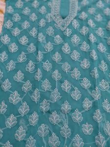 Teal / Turquoise All-Over Floral Chikankari Kurta