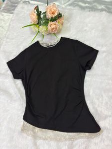 Chic Black T-Shirt with Lace Trim Top