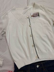 White Lace Trim Cardigan with Sheer Sleeves