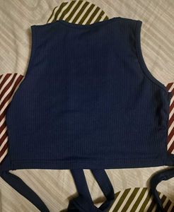 Navy Blue Ribbed Tie-Crop Top