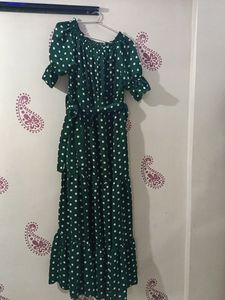 Dark Green Polkadot Long Dress, With Matching West