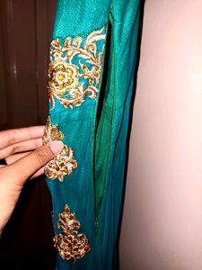 Teal &amp; Golden Peacock Green Anarkali Ethnic Gowns