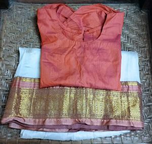 Coral Orange &amp; Cream/White Pattu Pavada Set