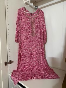 Pink Printed Kurta with Embellished Neckline