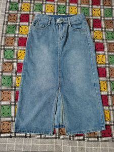 Light Wash Denim Midi Skirt with Slit