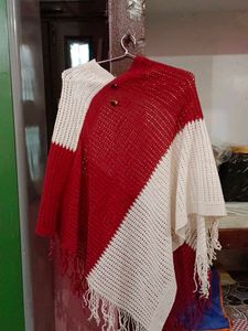 Red &amp; White Knitted Poncho