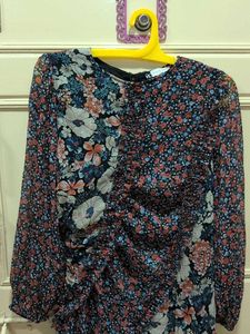 Floral Print Sheer Sleeve Ruffle Dress