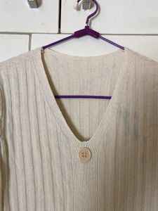 Cream Ribbed Knit Button-Up Midi Dress