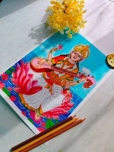 Hand-drawn Saraswati Painting
