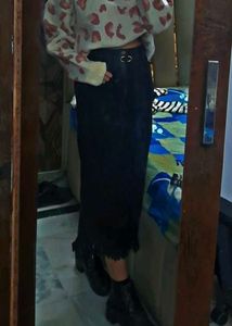 Denim Maxi Skirt with Fringe Hem