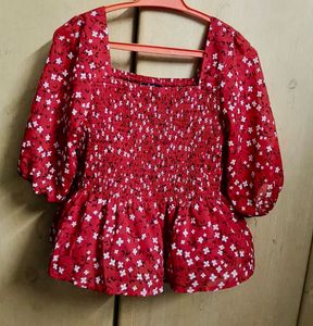 Red Floral Smocked Square Neck Top