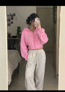 Pink Cropped Zip-Up Hoodie