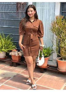Chic Brown Shirt Dress with Puff Sleeves
