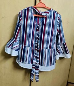 Striped Bell Sleeve Tie-Neck Top
