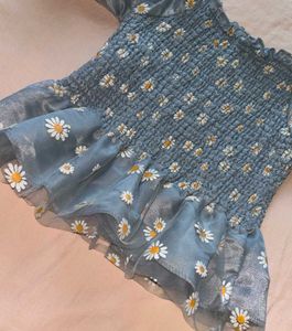 Blue Daisy Smocked Puff Sleeve Top