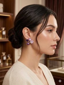 Elegant Purple Flower & Pearl Earrings