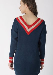 Navy Blue and Red Solid Pullover sweater