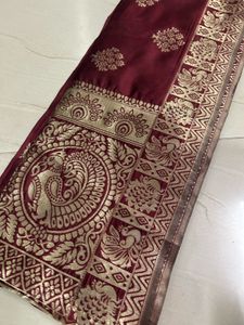Maroon Silk dupatta Gold Peacock Motif