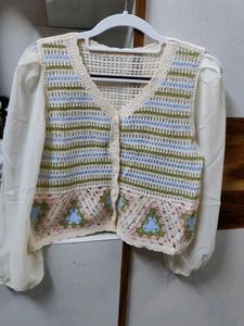 Crochet Vest with Sheer Sleeves