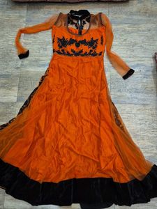 Elegant Orange &amp; Black Embroidered Anarkali Set