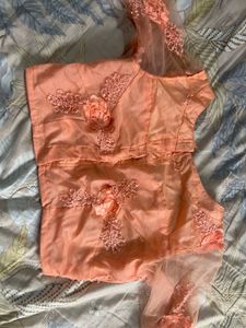 Peach Floral Embellished Net Dupatta