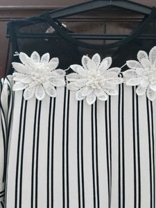 Chic Striped Cold Shoulder Dress with Flower Detai