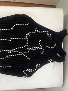 Black Knit Top with Pearl Embellishments