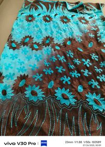 Blue & Brown Floral Embroidered Fabricnow At150
