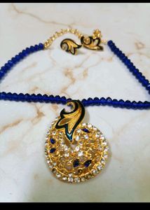 Brand New Blue Diamond Cut Necklace With Earing