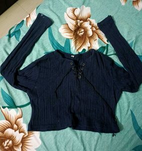 Navy Blue Lace-Up Ribbed Long Sleeve crop Top