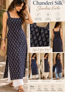 Navy Blue Chanderi Silk Sleeveless Slim-Fit Kurta