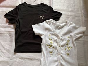 combo of White Embroidered Button-Up and ribbon bl