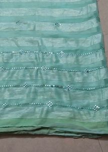 Beautiful Mint Green Striped Saree with Mirror Wor