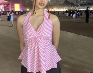Chic Pink Gingham Halter Top