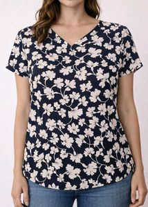 Navy Floral Print V-Neck Top