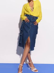 FREAKINS | Denim Cargo-Pockets Midi Skirt