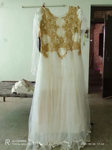 Golden Embroidered White Net Gown
