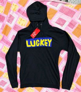 Black hoodie with "LUCKEY" graphic