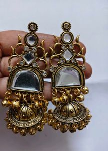 Elegant Gold Jhumka Earrings with Mirror